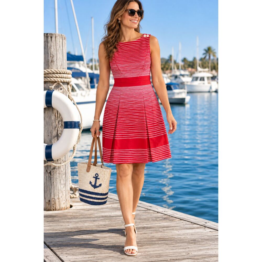 Talbots Women’s Size 10 Red White Striped Fit Flare Dress Nautical Anchor